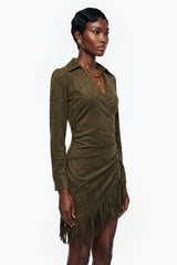 Margarete Green Faux Suede Mini Dress with Fringe