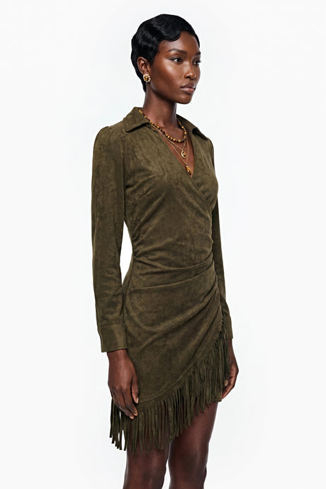 Edvige Mini Dress Green Faux Suede with Fringe