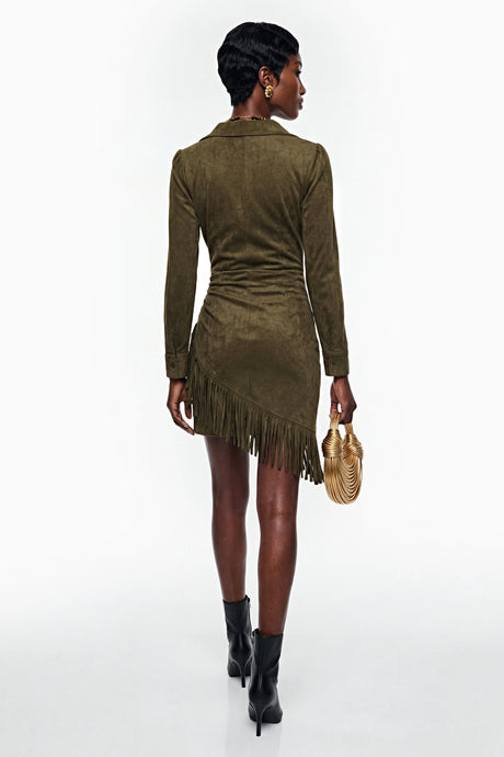 Edvige Mini Dress Green Faux Suede with Fringe