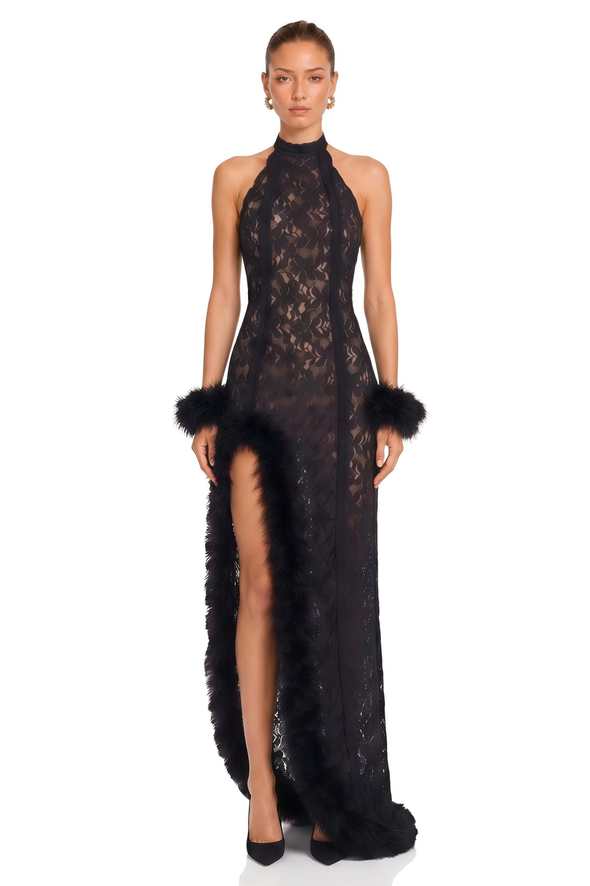 Margarida Black Lace Maxi Dress with Faux Fur Trim
