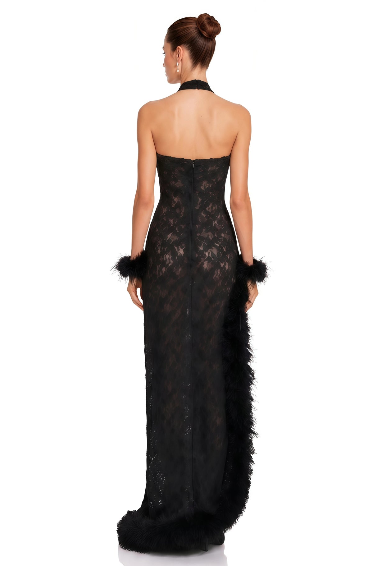 Margarida Black Lace Maxi Dress with Faux Fur Trim
