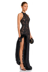 Margarida Black Lace Maxi Dress with Faux Fur Trim
