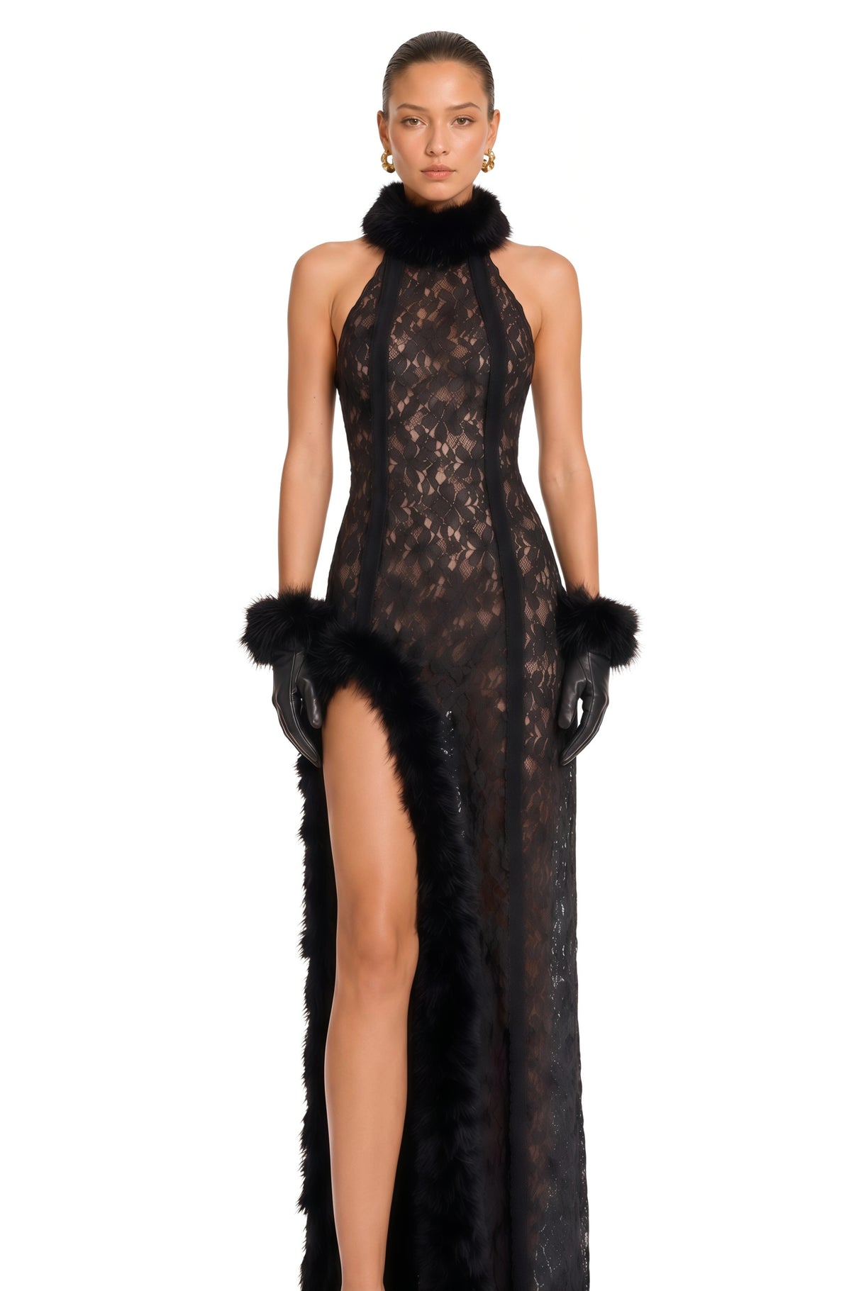 Margarida Black Lace Maxi Dress with Faux Fur Trim