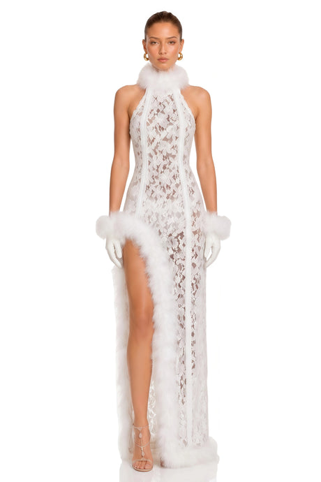 Margherita Maxi Dress White Lace with Faux Fur Trim