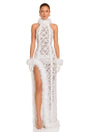 Margarida White Lace Maxi Dress with Faux Fur Trim