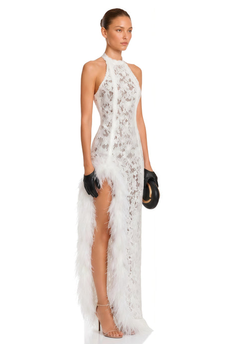 Margherita Maxi Dress White Lace with Faux Fur Trim