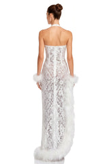 Margarida White Lace Maxi Dress with Faux Fur Trim