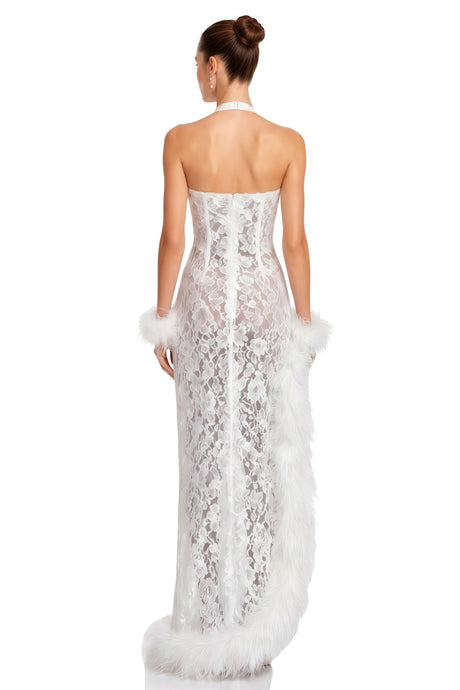 Margherita Maxi Dress White Lace with Faux Fur Trim