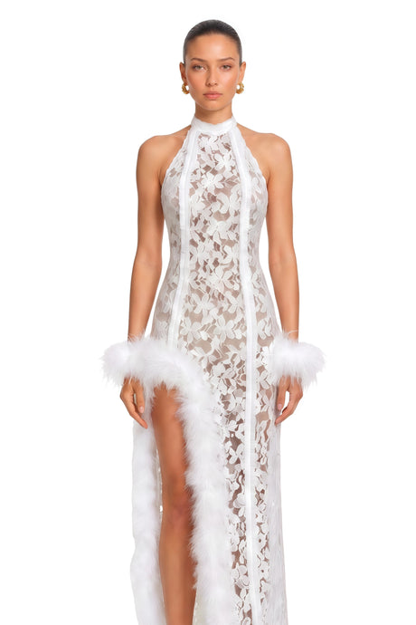 Margherita Maxi Dress White Lace with Faux Fur Trim
