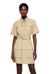 Margaux Cream Short Sleeve Mini Dress with TieFront