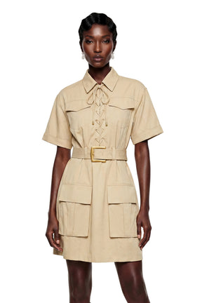 Margaux Cream Short Sleeve Mini Dress with TieFront