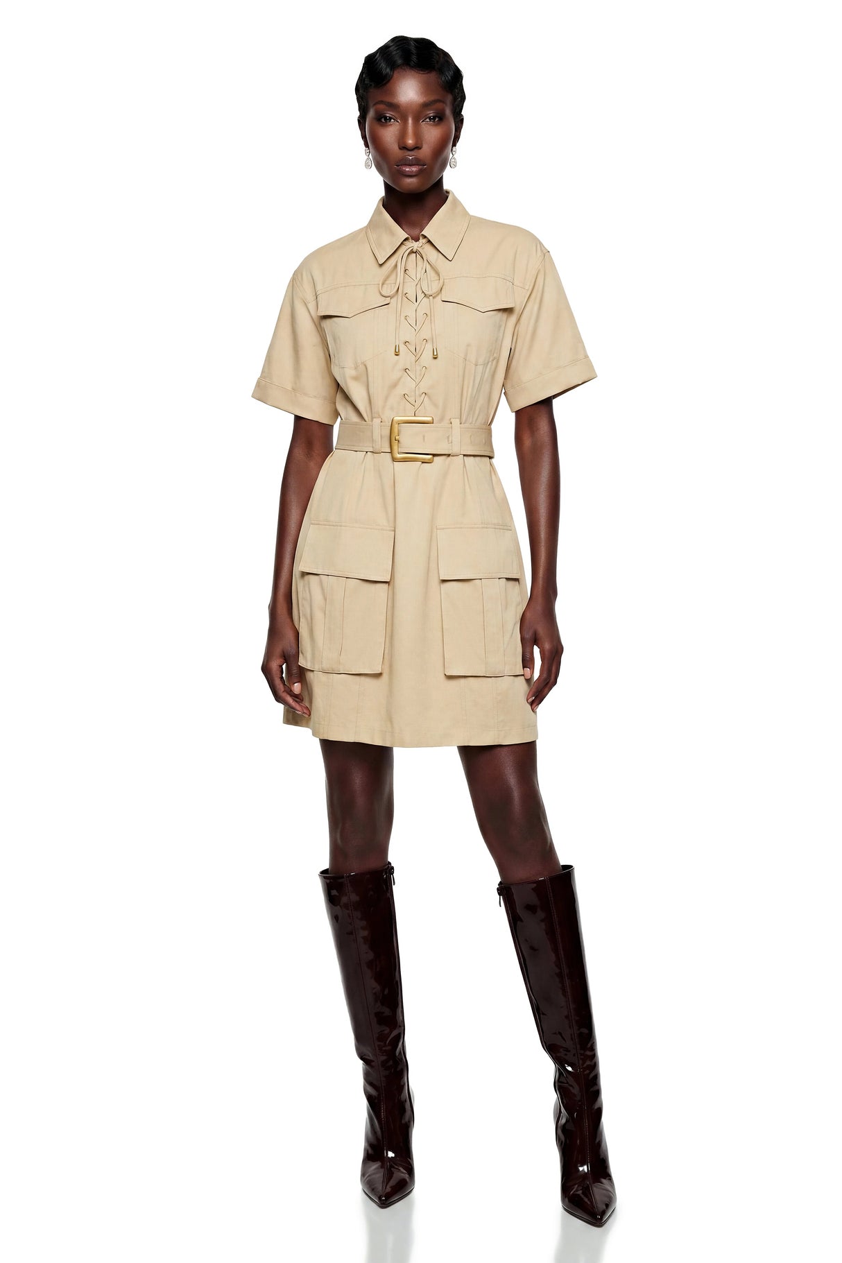 Margaux Cream Short Sleeve Mini Dress with TieFront