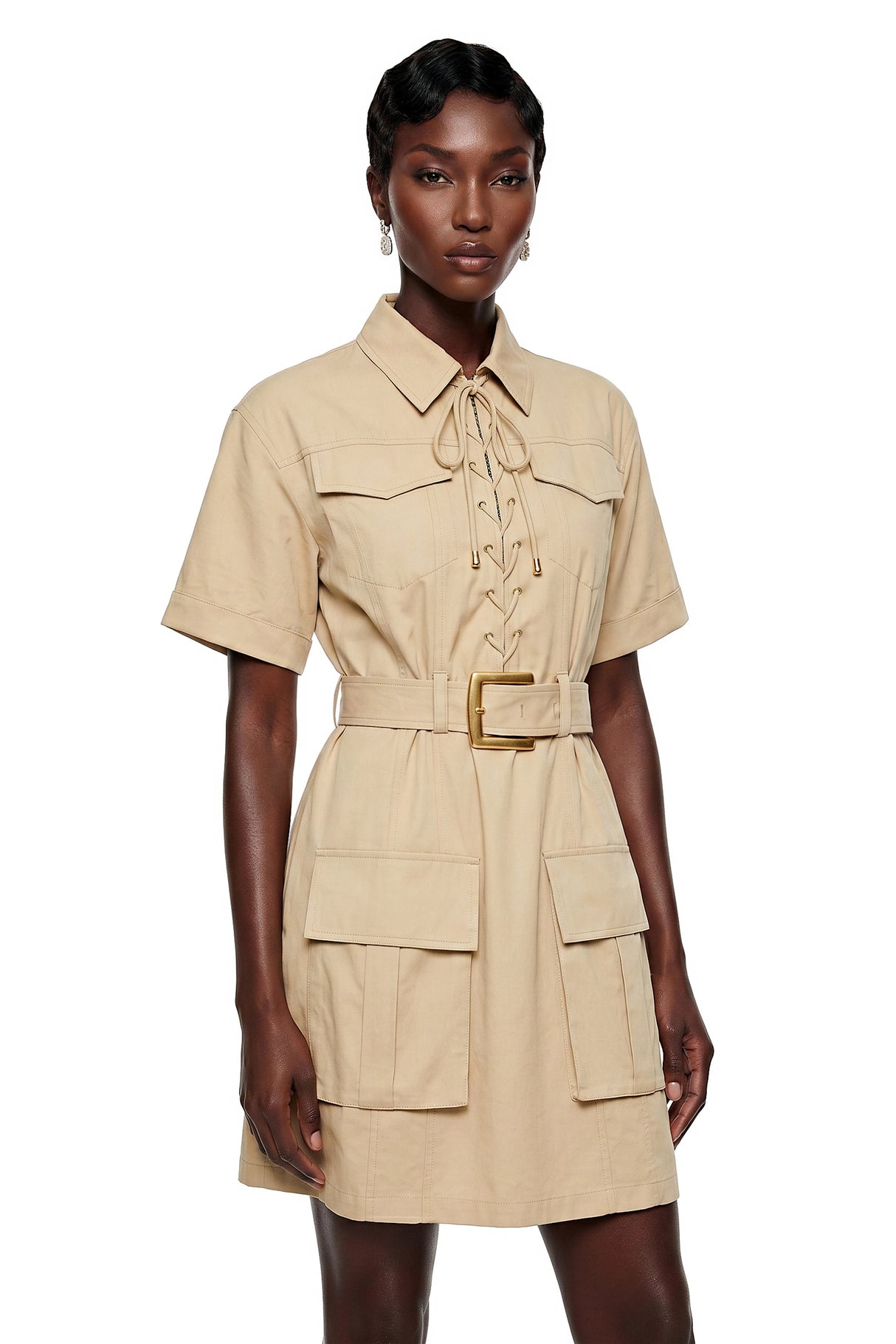 Margaux Cream Short Sleeve Mini Dress with TieFront