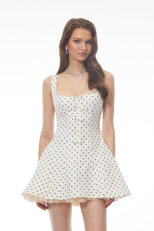 Margaux White Polka Dot ALine Mini Dress with Bow