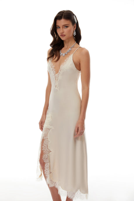 Diana Midi Dress Champagne Lace Panel Satin