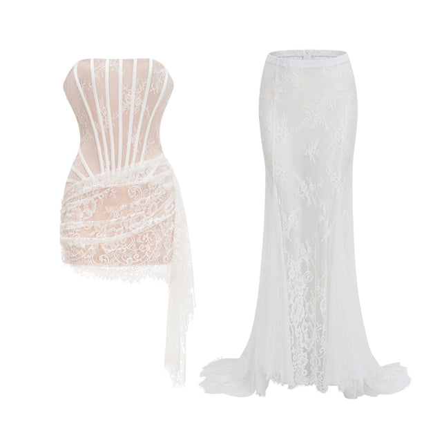 Margherita White Floral Lace Dress  Skirt Set