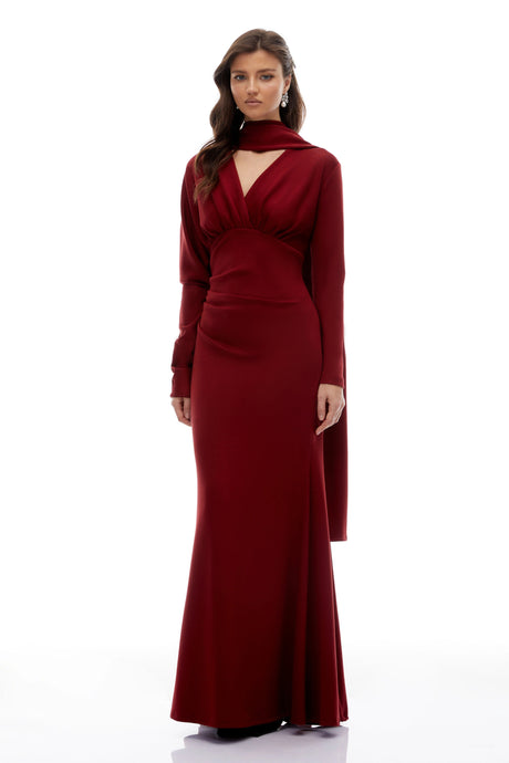Rina Red Scarf Design Ruched Maxi Gown