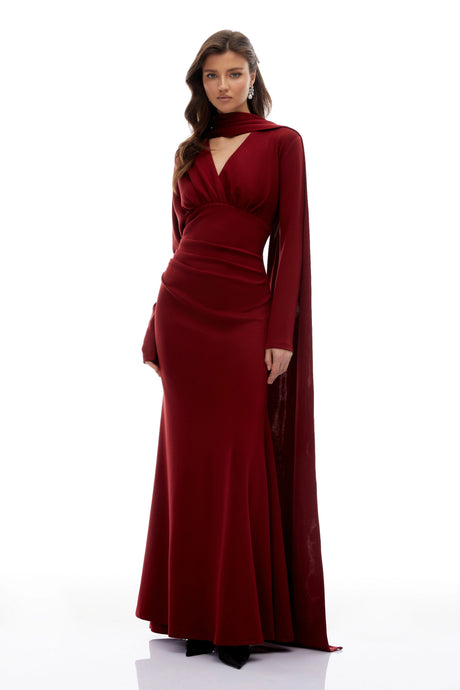 Rina Red Scarf Design Ruched Maxi Gown