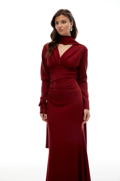 Rina Red Scarf Design Ruched Maxi Gown