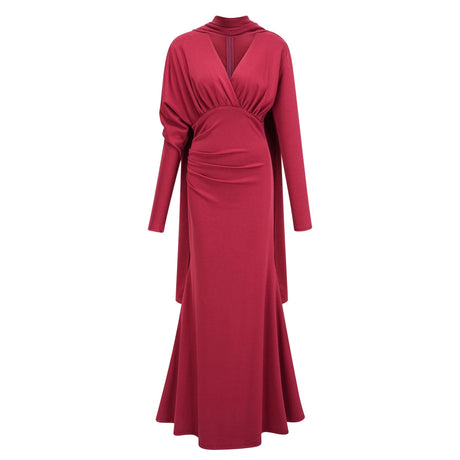 Rina Red Scarf Design Ruched Maxi Gown