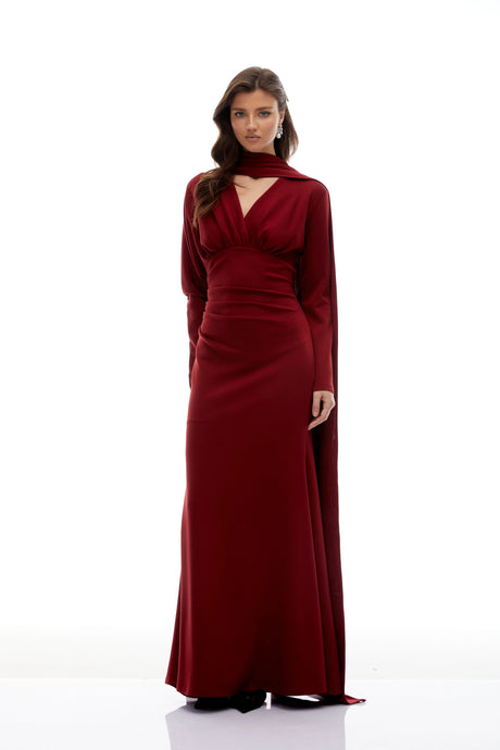 Rina Red Scarf Design Ruched Maxi Gown