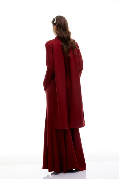 Rina Red Scarf Design Ruched Maxi Gown