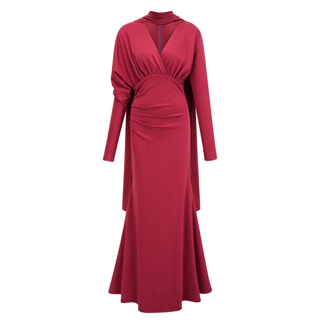 Margot Red Scarf Design Ruched Maxi Gown