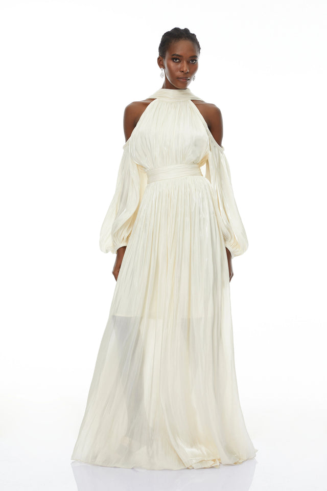 Margot White Cold Shoulder Ruched Maxi Dress