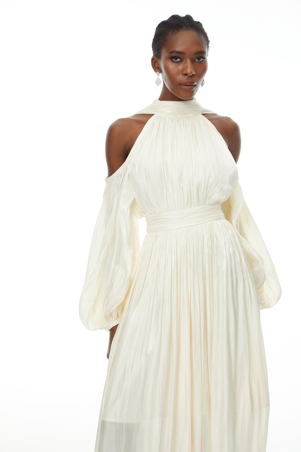 Margot White Cold Shoulder Ruched Maxi Dress