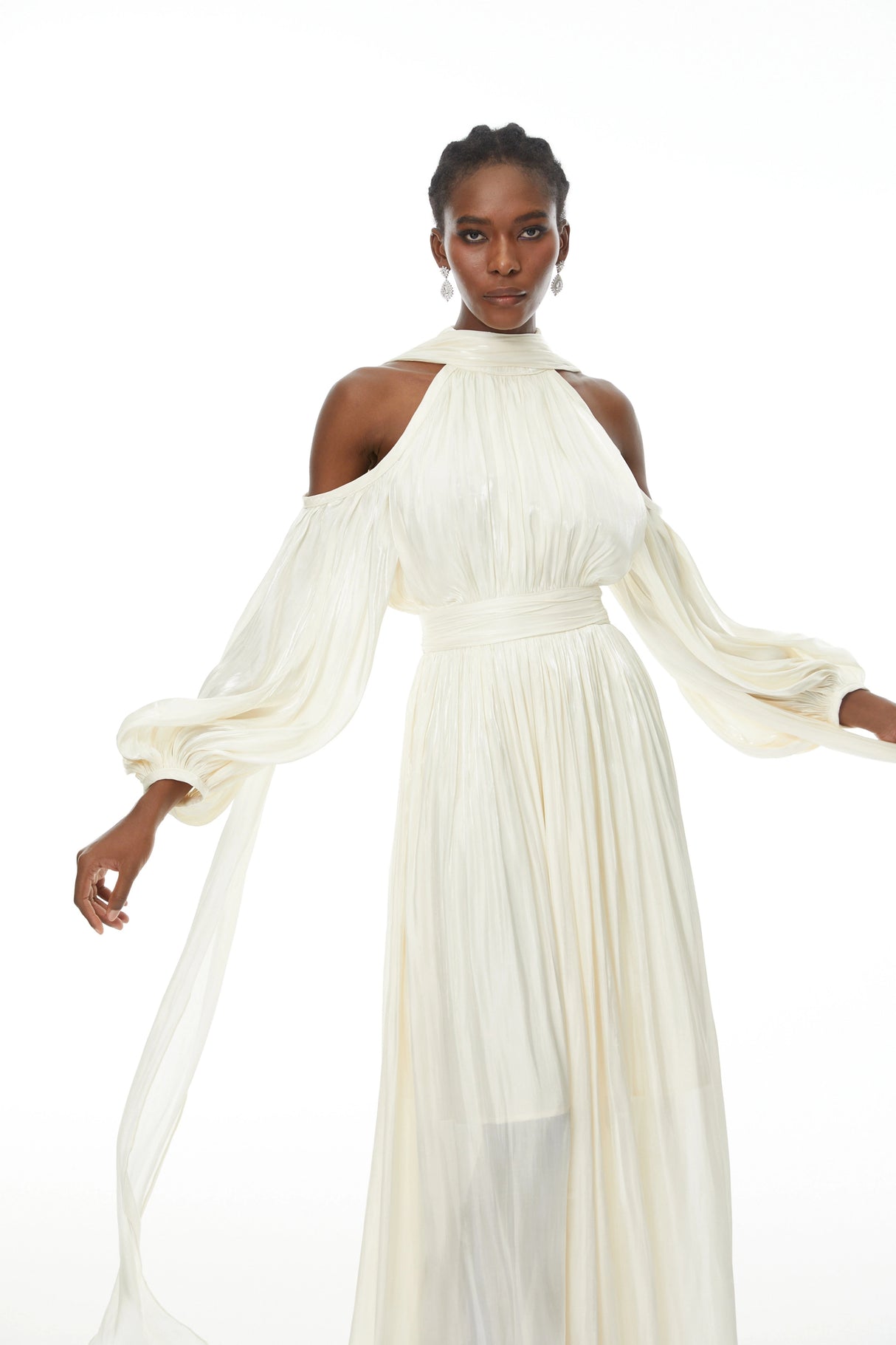 Margot White Cold Shoulder Ruched Maxi Dress