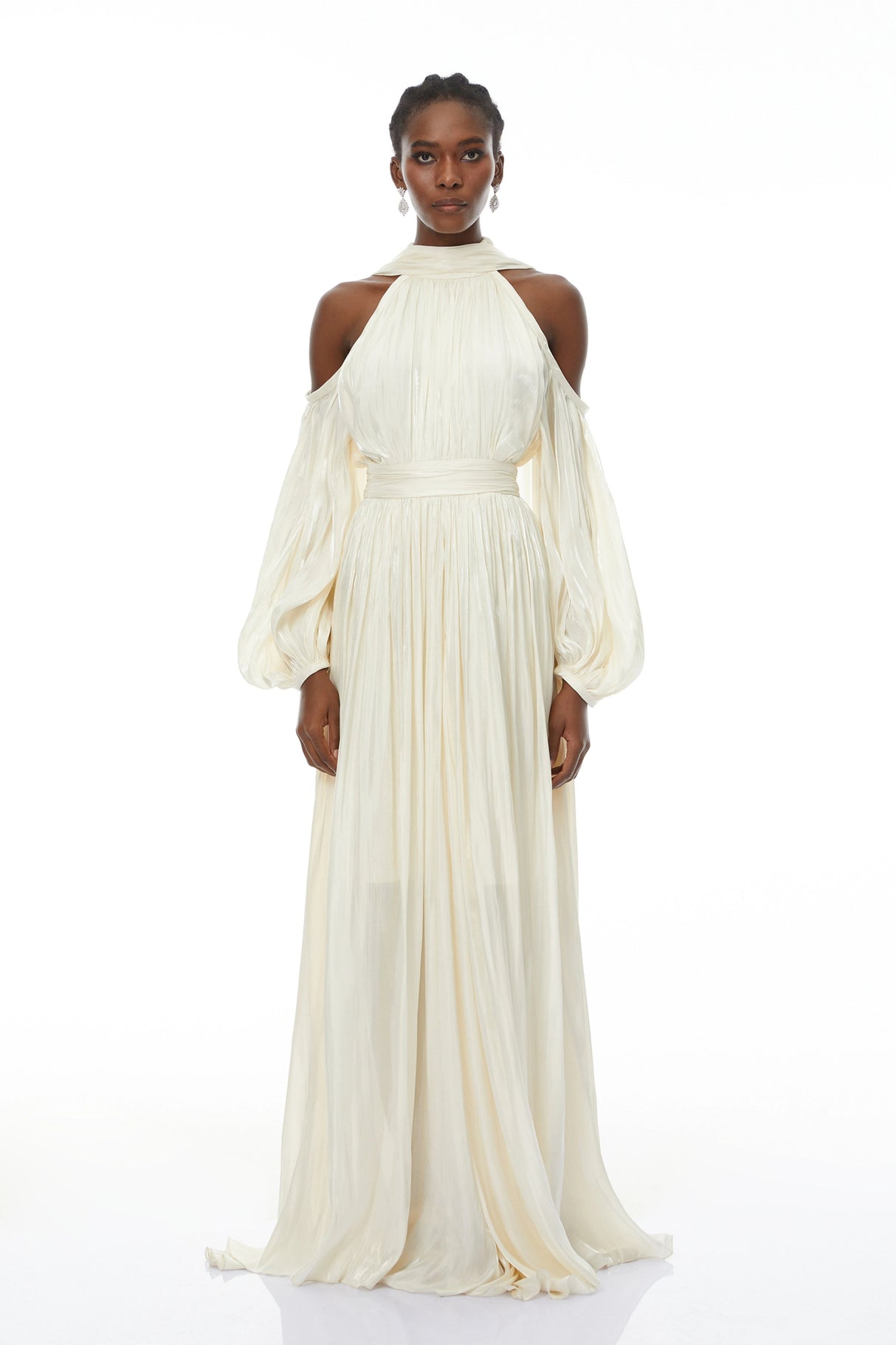 Margot White Cold Shoulder Ruched Maxi Dress