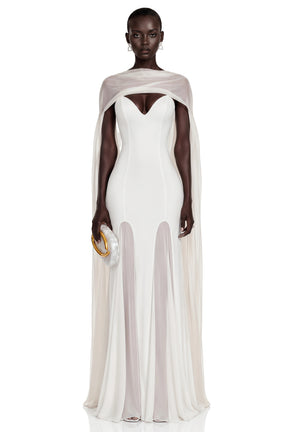 Margot White Plunging Paneled Maxi Dress with Scarf