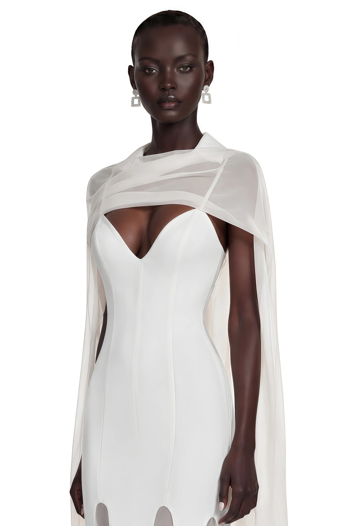 Margot White Plunging Paneled Maxi Dress with Scarf