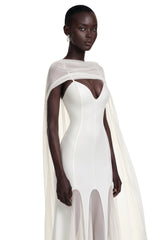Margot White Plunging Paneled Maxi Dress with Scarf