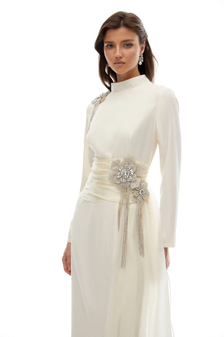 Carmen Maxi Dress Off White Embellished Ribbon