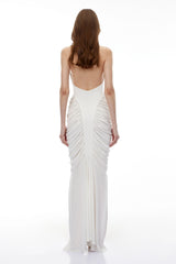 Marhuma White Backless Ruched Maxi Dress