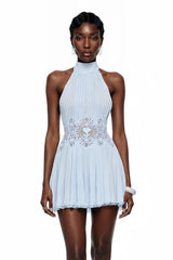 Mariana Blue Pleated Mini Dress with Lace Panels