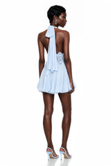 Mariana Blue Pleated Mini Dress with Lace Panels