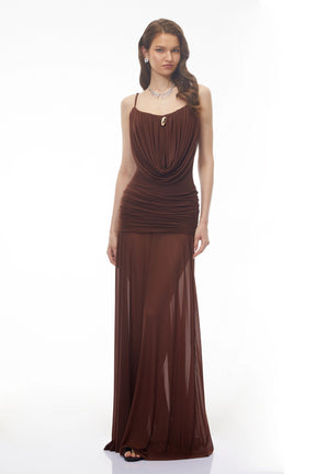 Mariana Brown Draped Ruched Maxi Dress