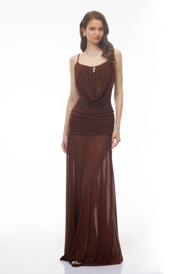 Mariana Brown Draped Ruched Maxi Dress