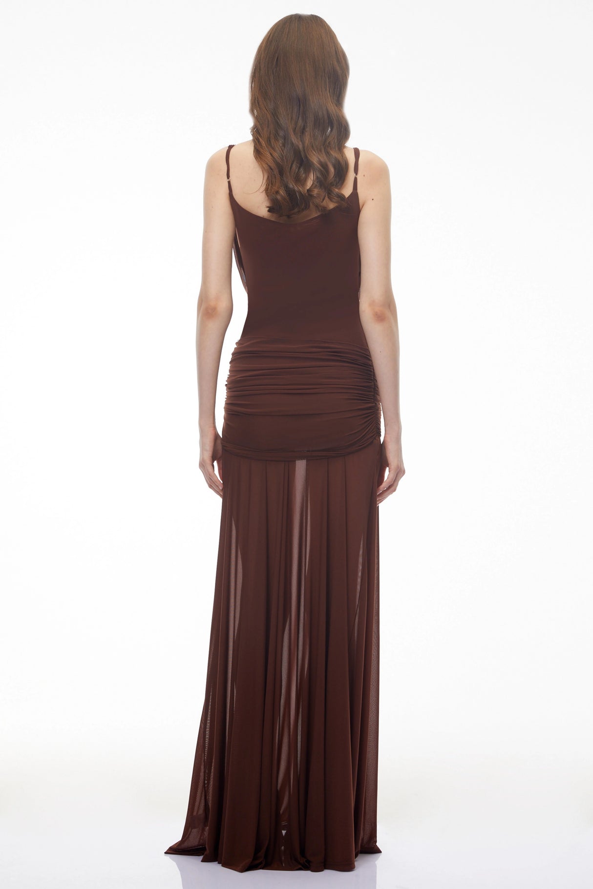 Mariana Brown Draped Ruched Maxi Dress