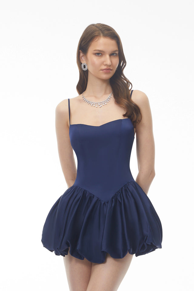 Mariana Navy Blue Satin Puffball Mini Dress