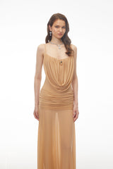 Mariana Neutral Draped Ruched Maxi Dress