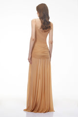 Mariana Neutral Draped Ruched Maxi Dress