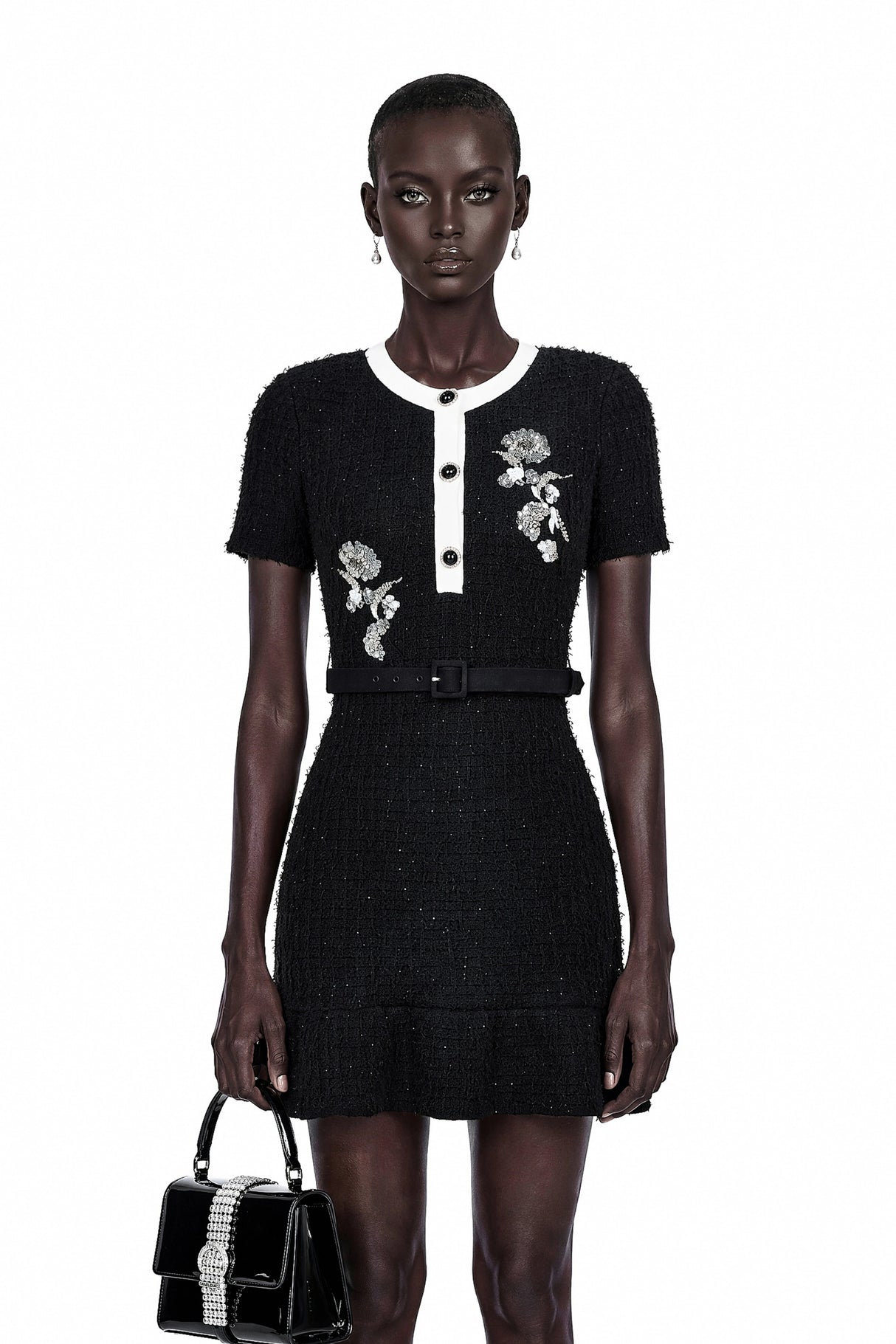 Marianne Black Sequin Embroidered Knit Mini Dress