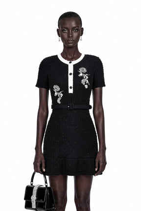 Marianne Black Sequin Embroidered Knit Mini Dress