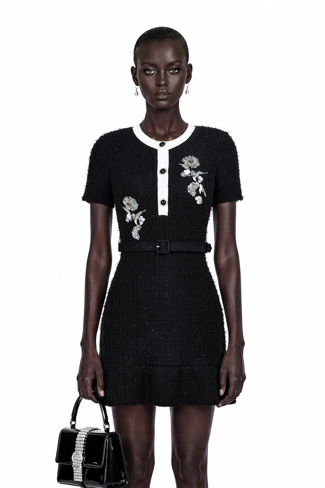 Marianne Black Sequin Embroidered Knit Mini Dress