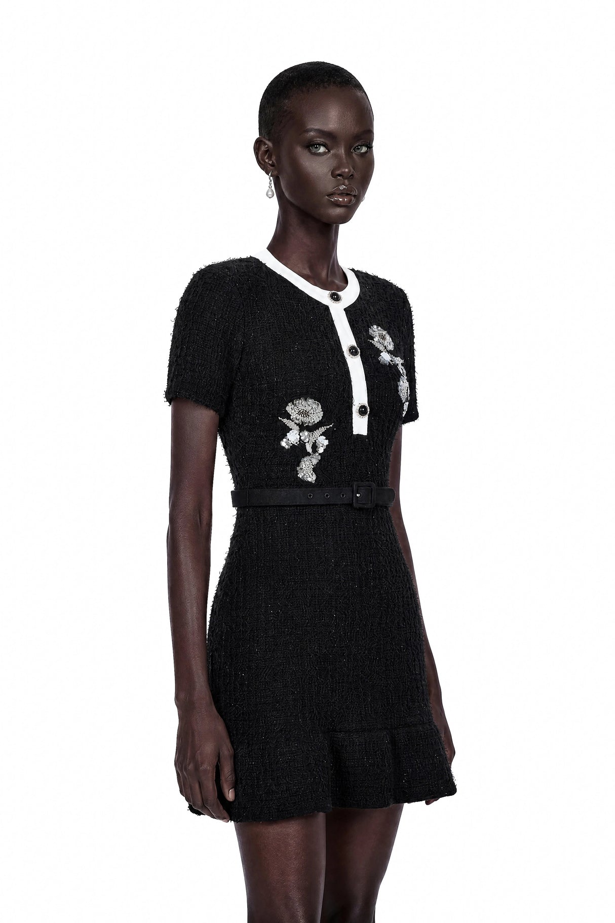 Marianne Black Sequin Embroidered Knit Mini Dress