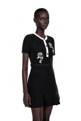 Marianne Black Sequin Embroidered Knit Mini Dress