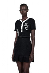 Marianne Black Sequin Embroidered Knit Mini Dress